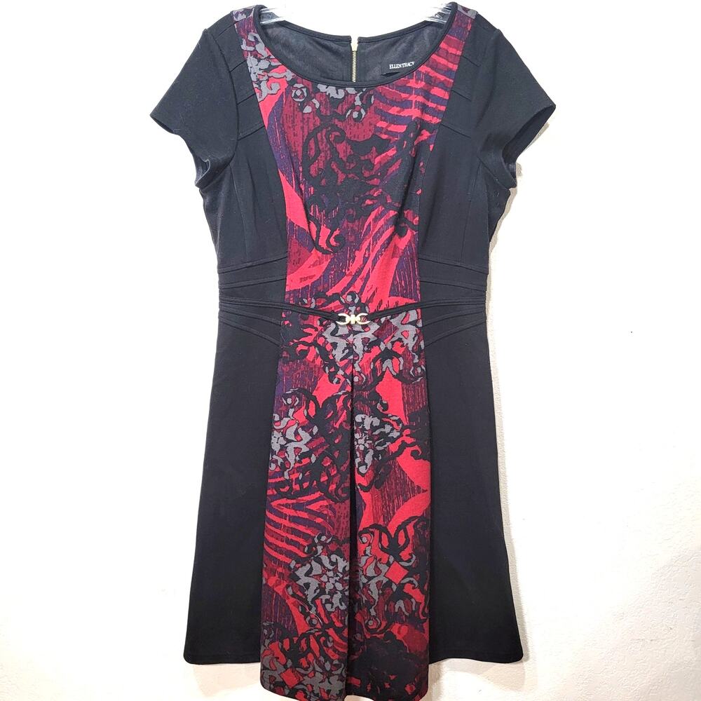 Ellen Tracy Dress 10 Black Belted Cap Sleeve Red Blue Gray Midi Wiggle Pinup
